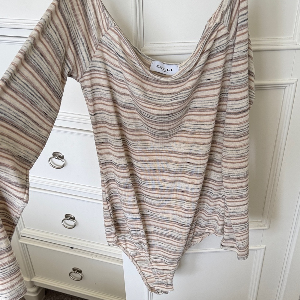 Gilli Women's Striped Scoop Neck Long-Sleeve Bodysuit- Neutral Stripe